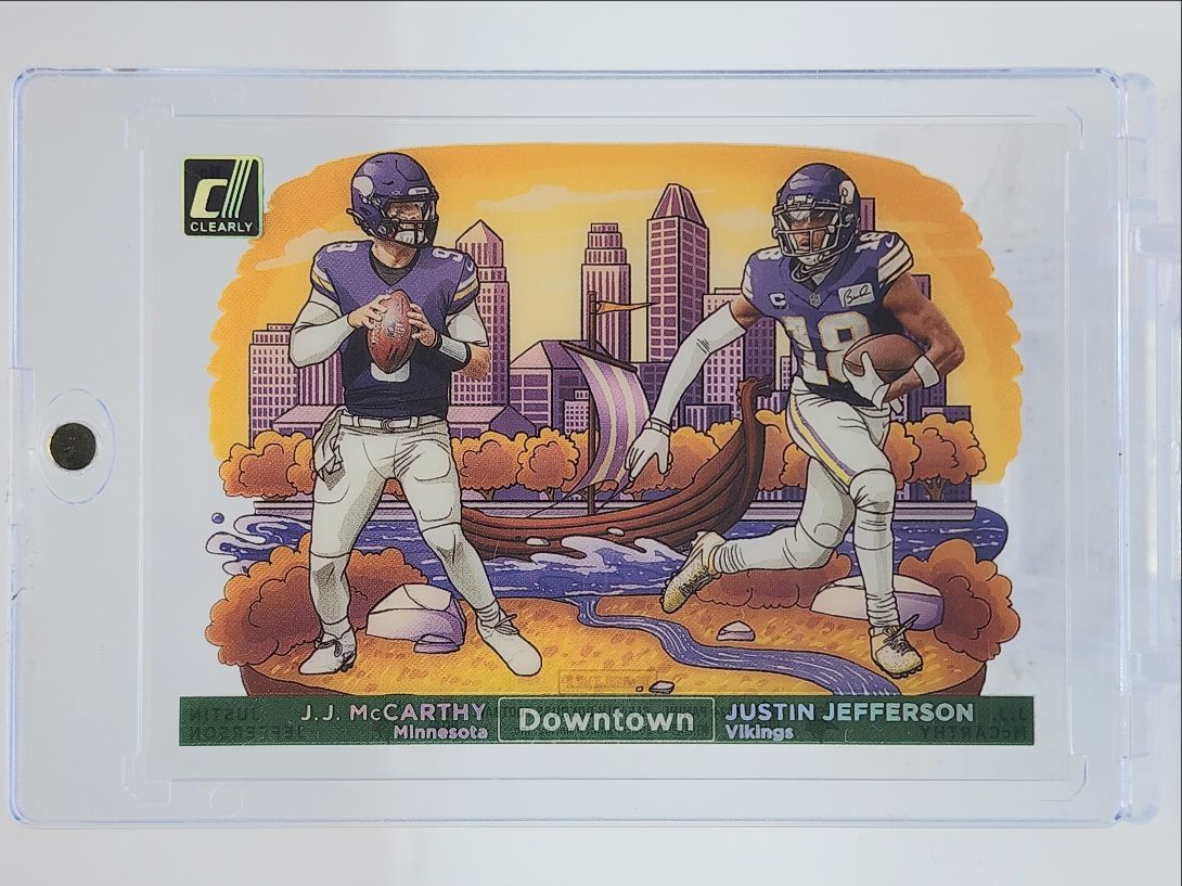 J.J. MCCARTHY JUSTIN JEFFERSON 2024 CLEARLY DONRUSS DOWNTOWN Q2893
