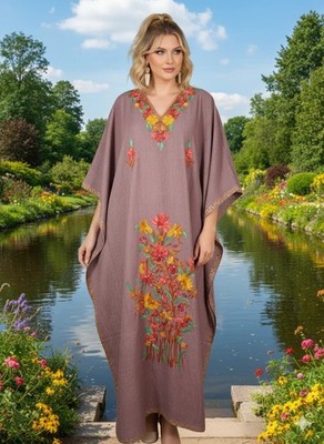 Mauve Purple Embroidered Kaftan Dress Floral Boho Maxi Dress Resort Wear L-2X