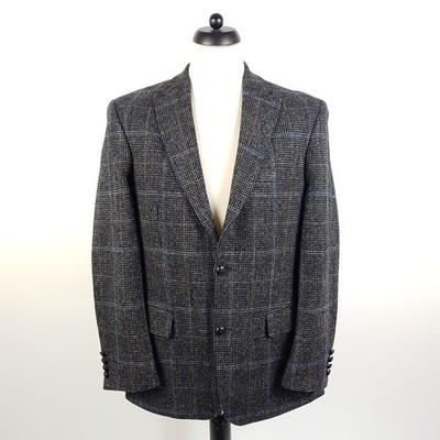 Barutti Harris Tweed Jacket Coat Mens Size 50 Black Gray Blue Plaid Wool Jacket