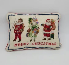 Vintage Peking Handicraft Wool Needlepoint Pillow Santa Claus Cream Red