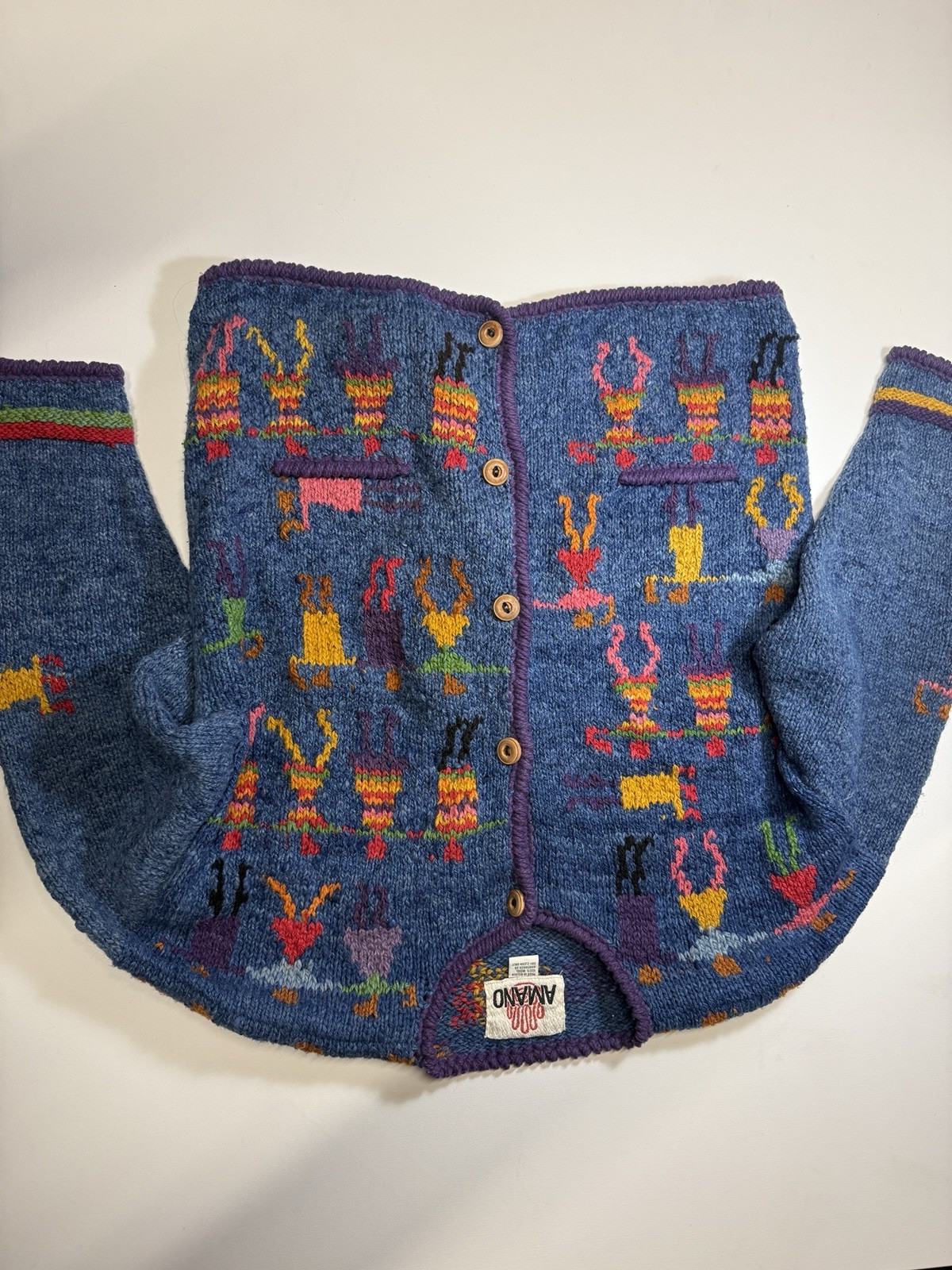 Vintage Alpaca Amano 100% Wool Hand Knit Cardigan Sweater Blue Folk Art 22x25