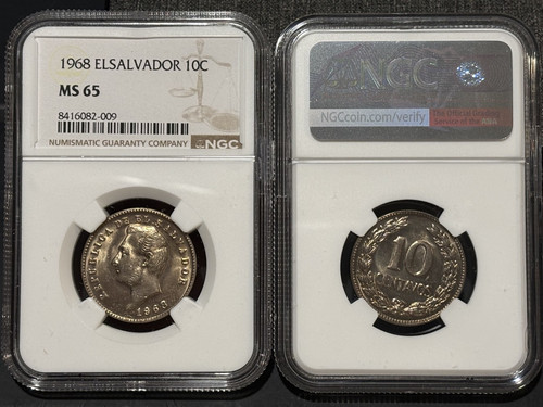 EL SALVADOR 10 Centavos 1968 (b) Denver Mint, NGC MS 65 Gem UNC BU, Lustrous. Q3