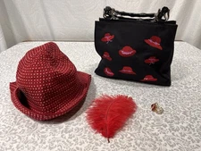 Red Hat Society Lot Hat Embroidered Purse Brooch Feather Villager Liz Claiborne