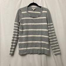 Ann Taylor Loft Gray w/Ivory Stripes Long Sleeve Sweater w/Button Accent - SZ M
