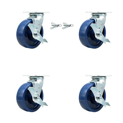 6 Inch Solid Polyurethane Caster Set with Roller Bearings 4 Brake 2 Swivel Lock