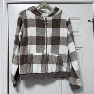 Free Haven Women s Full Zip Soft Hoodie Jacket, Size M Tan and White Plaid