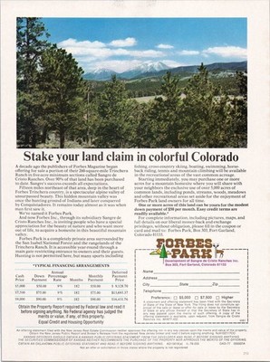 Forbes Park Colorado Land Claim Print Ad 1981 Vintage Ranch Sale