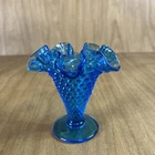 Vintage Fenton Cobalt Blue Hobnail Glass Vase Ruffle Top 4” Chip On Base