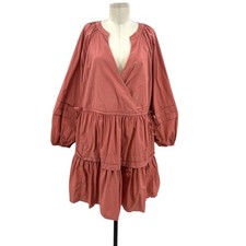 Madewell Crinkle Poplin Wrap Mini Dress Long Sleeve Tiered Pink Size XL