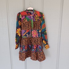 Farm Rio Mixed Black Print Mini Dress Size S Women Cotton Floral Leopard Tiered