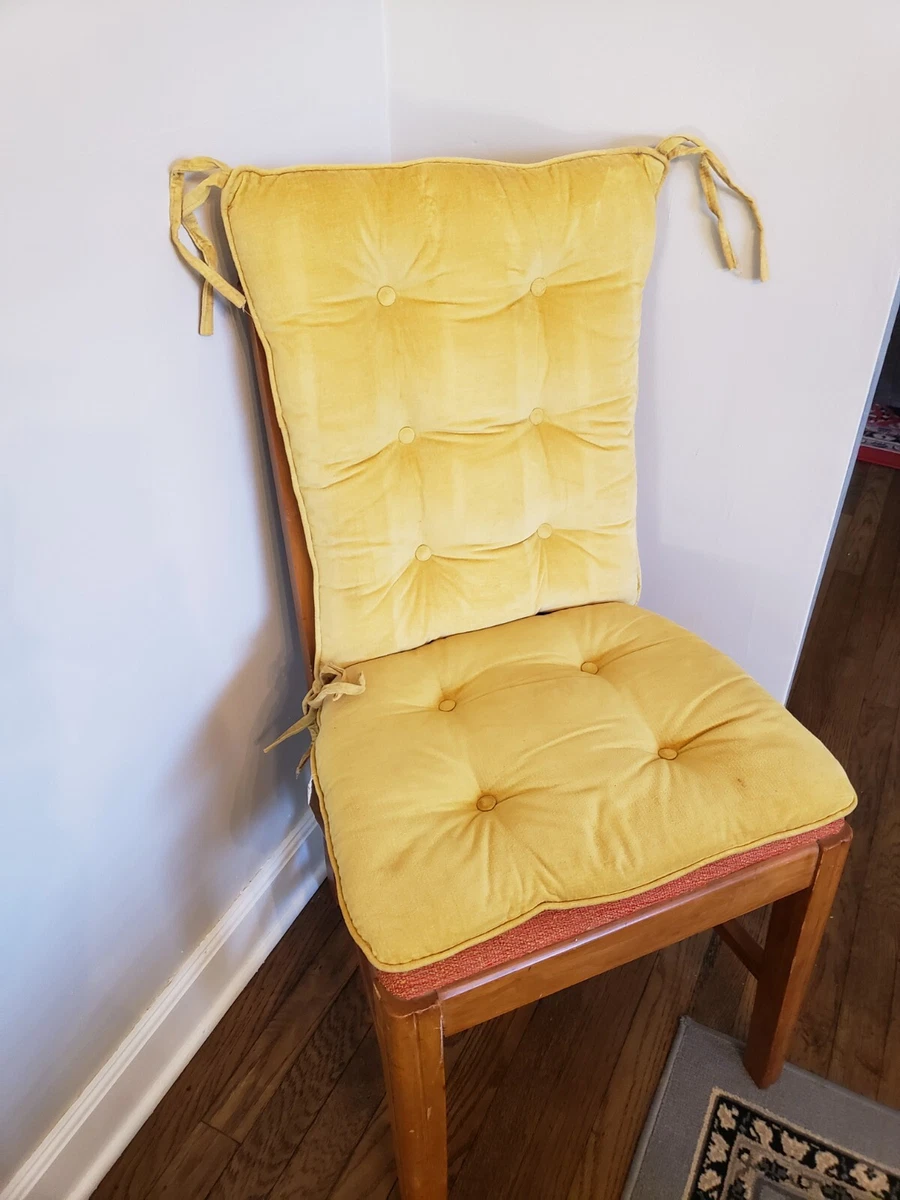 Vtg Rocking Chair Cushions Tufted Two Piece Velour Yellow Ties Set Seat Back