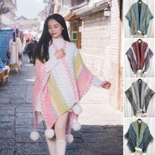 Lady Retro Cloak Cape Knit Poncho Wrap Shawl Rainbow Sweater Cardigan Pompom Top