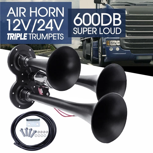 600DB Horns Train Air Horn 3 Trumpets Black For Truck/Car/SUV Loud Sound 12v/24V - Picture 12 of 12