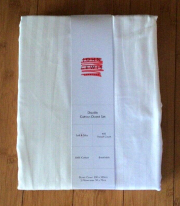 John Lewis Soft&Silky Satin Stripe 400TC Duvet Cover Set Double WHITE RRP £80.00