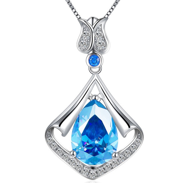3.05 Ct  Mermaid Drop Created Blue Topaz Birthstone Sterling Silver Necklace 