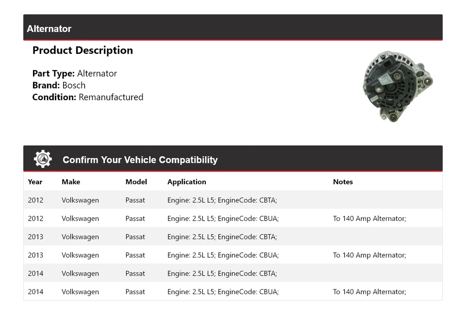 Alternador Bosch 2,5 L L5 2012-2014 (remanufacturado) 2013 Foto 2 de 4