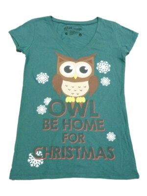 L.O.L. Vintage Women Green Owl Be Home For Christmas Fitted Short Sleeve Shirt S