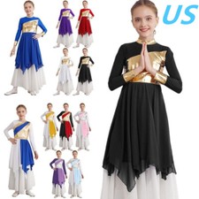 Kids Girls Long Sleeve Praise Dance Dress Liturgical Worship Tunic Dress