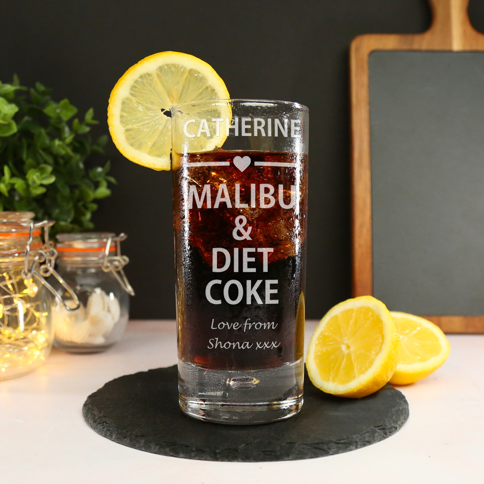 Personalised Boxed Malibu & Diet Coke Glass Gift Birthday Christmas Xmas Heart