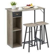 3 Piece Breakfast Bar Table Set 2 Stools Kitchen Dining Storage Shelves Unit UK