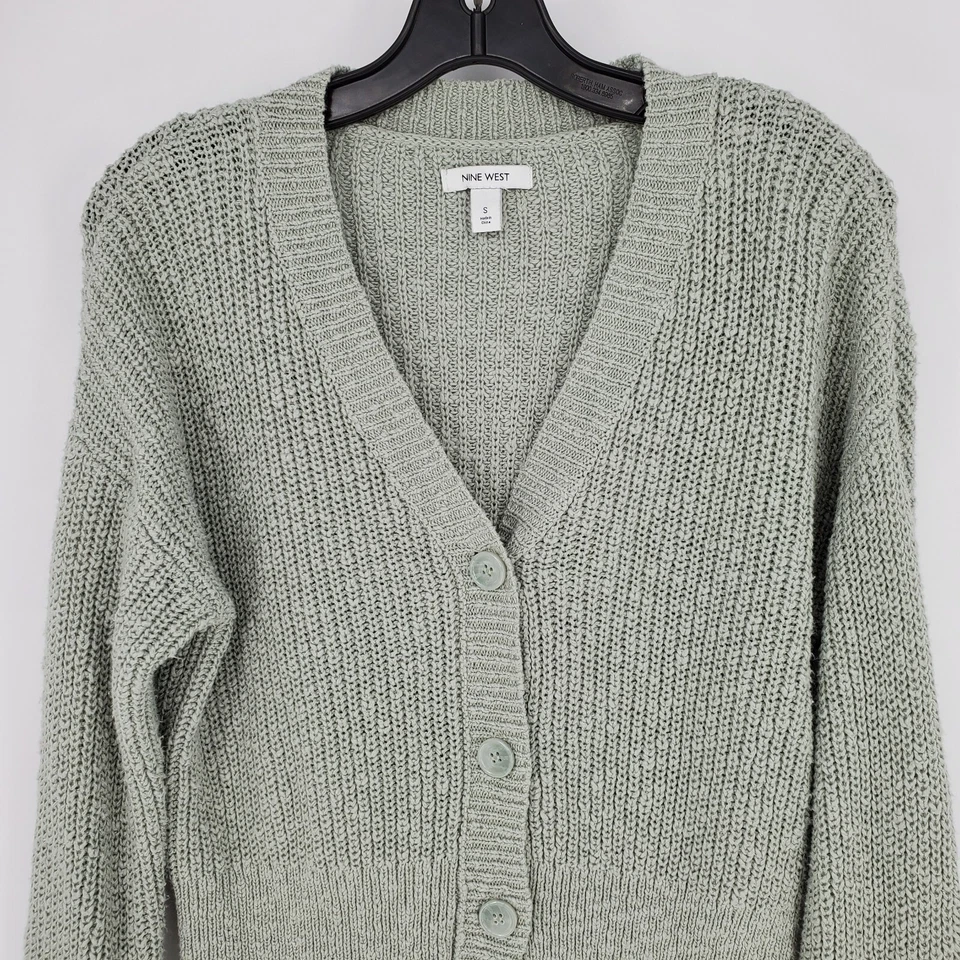 Cárdigan suéter Nine West para mujer pequeño verde pizarra tejido manga larga Foto 2 de 4
