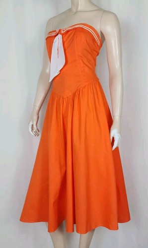 Vtg 70s strapless sailor cotton dress orange M-L - Picture 3 of 10