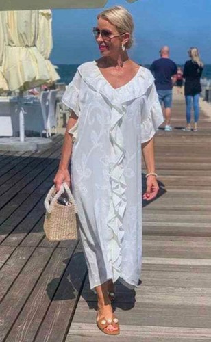 H&M HM Conscious V-Neck LYOCEL or Ruffled Cream FLOUNCED KAFTAN TUNIC Dress - Picture 9 of 15