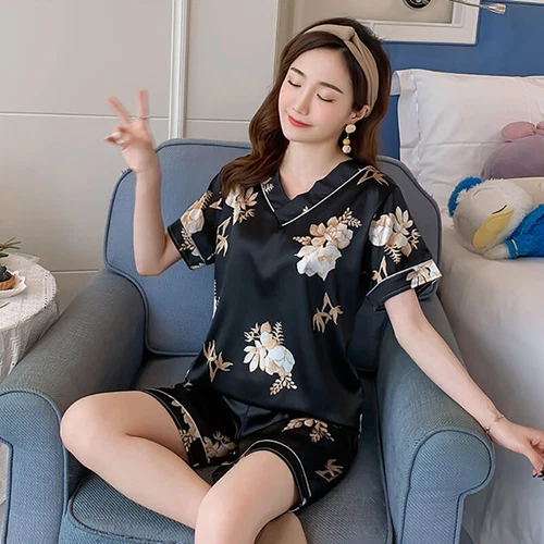 Damen Seide Satin Pyjama Set Kurzarm Nachtwäsche V-Ausschnitt Homewear 2-teilig Pyjama - Bild 32 von 60