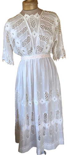 Antique Edwardian White Embroidered Drawn Work Tea Gown Dress 40