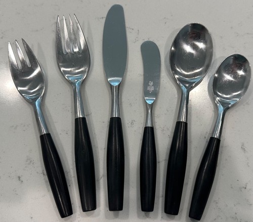 6 Piece Vintage Dansk Black Kongo Flatware Set Germany Place Setting - Picture 2 of 14