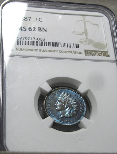 1887 Indian Cent Penny ---- MS-62 NGC Blue Toning Graded Coin ---- #774C
