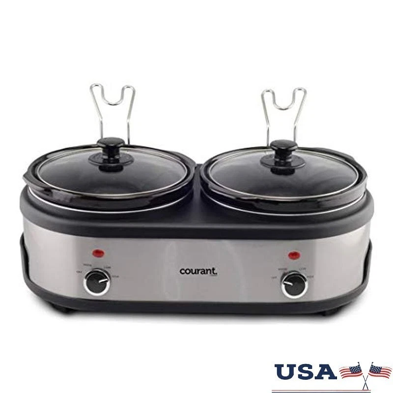Double Slow Cooker 2.5 Quart Easy Cooking Dishwasher Safe Stoneware Glass Lid US