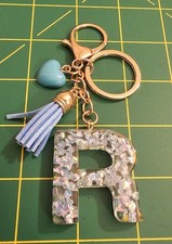 Resin Letter "R" Beautiful Charm Tassel Heart Keyring, Blue  Gold, B3B9