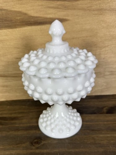 Vintage Milk Glass Hobnail Covered Compote Pedestal Candy Dish 9” Lidded Bowl