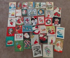 MISCELLANEOUS USED VINTAGE 1940'S-50'S CHRISTMAS GREETING CARD LOT OF 39-SANTA++