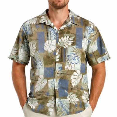 Howie Hawaiian Aloha Shirt XL Leaves Hibiscus Flowers Brown Green Blue White
