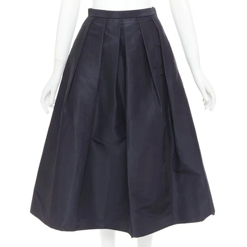 TIBI navy 100% silk satin crepe box pleated flared tea length midi skirt US0 XS