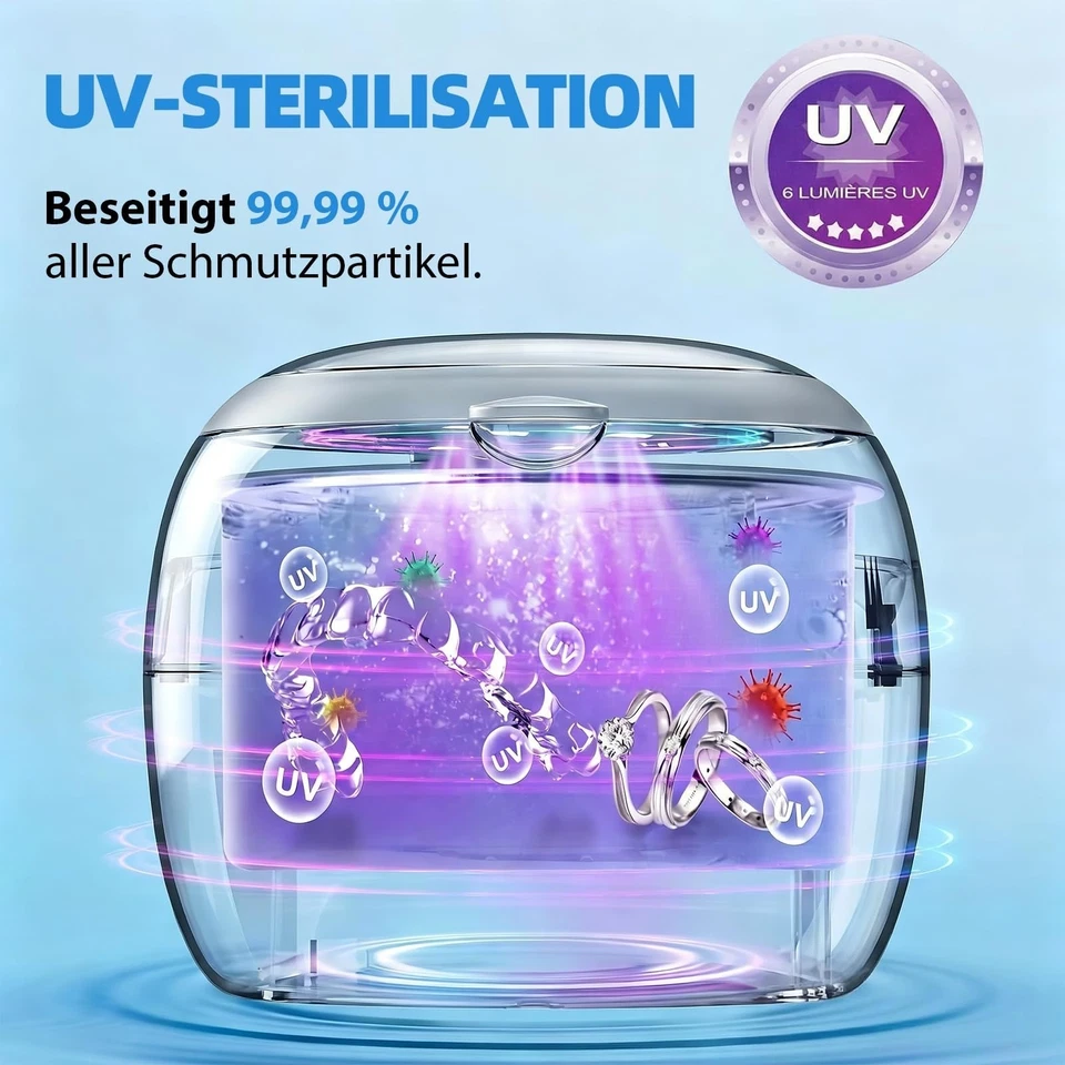 Nettoyeur ultrasons rechargeable UV bijoux prothèses 45 kHz 210 ml - Photo 3/4