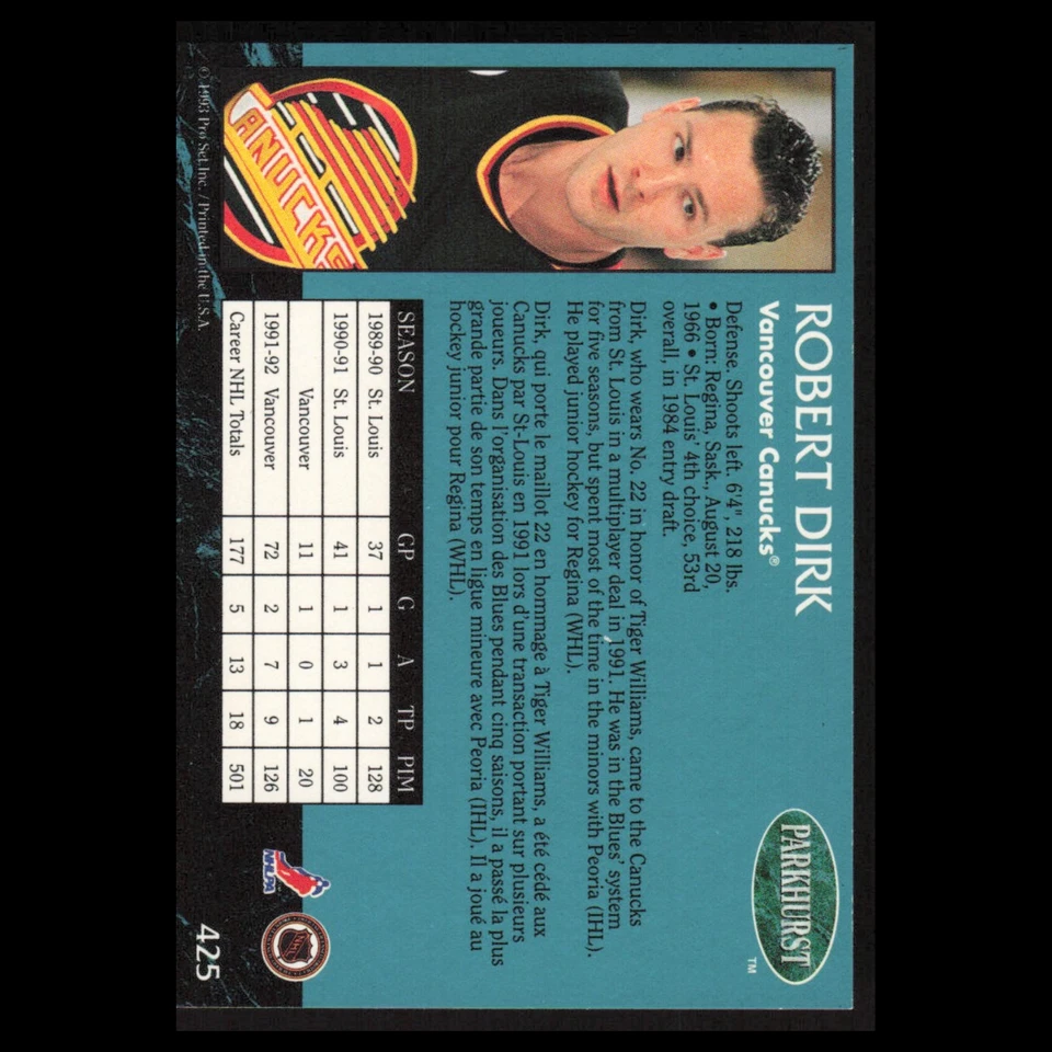 Robert Dirk #425 1992 Parkhurst Vancouver Canucks Hockey Card NHL NM - Image 2 of 3
