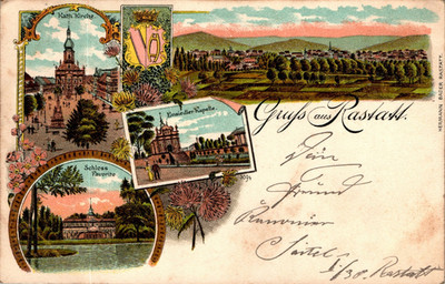 LITHO GRUSS AUS RASTATT EINSIEDLER KAPELLE + SCHLOSS FAVORITE 4BILD COL. 1906