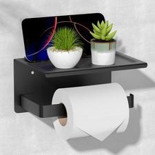 Toilet Paper Holder Matte Black with Phone Shelf Stainless Steel Wall Mount