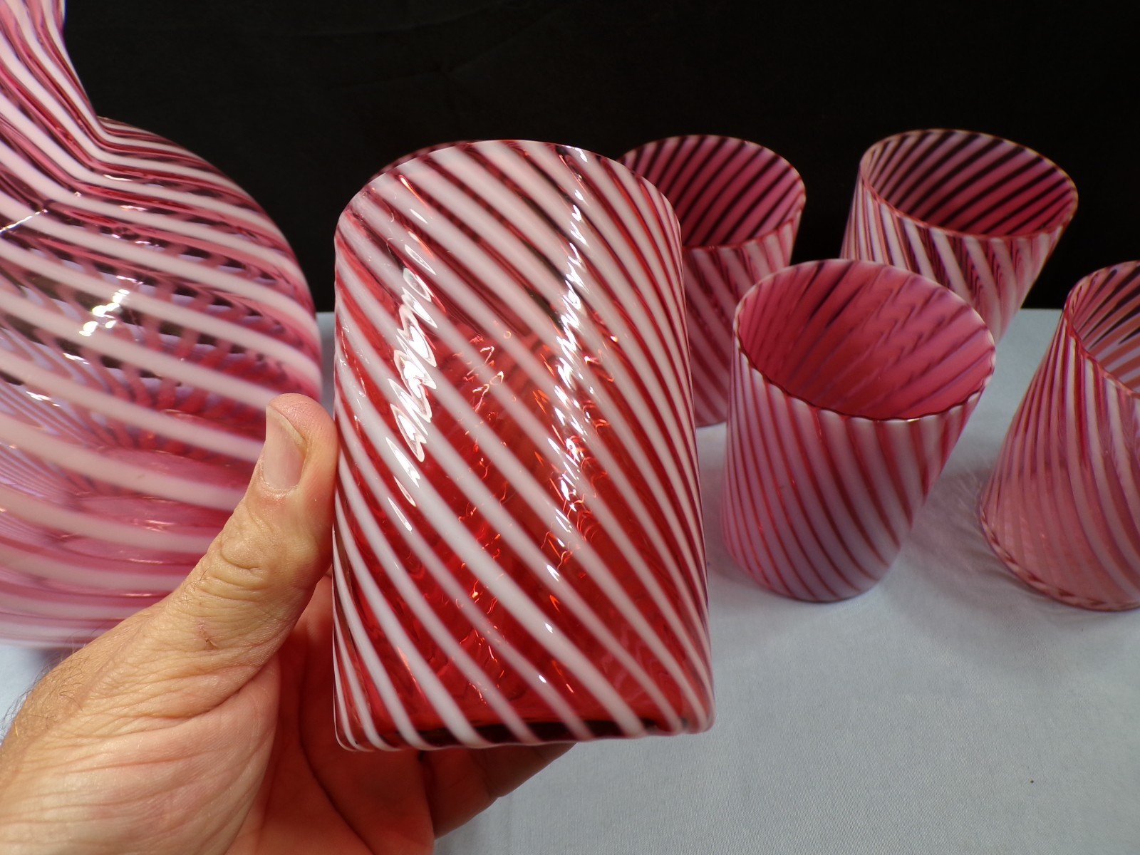 Northwood Cranberry Opalescent Swirl Spiral Optic Water Set Pitcher & 6 Tumblers