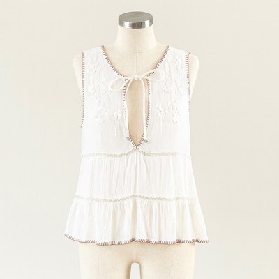 Some Days Lovin Womens White Embroidered Sleeveless Tie Neck Top Size Small