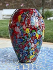Vintage Murano Art Glass Vase Red Millefiore, Signed Seguso And Murano