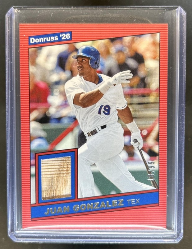 2026 Panini Donruss Juan Gonzalez Retro 1986 Materials Bat Red #/99 Rangers