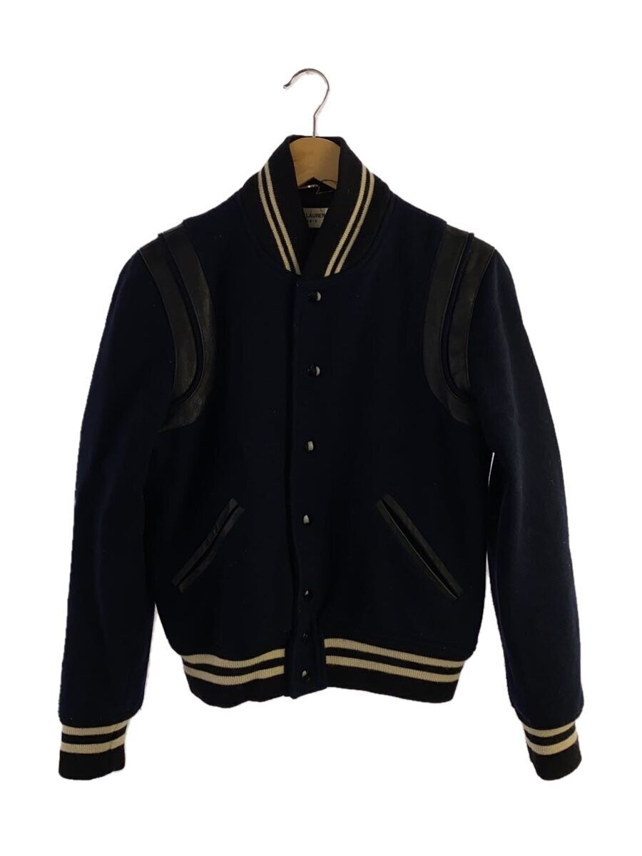 Giacca stadio Saint Laurent L 14Aw bordo in pelle blusa lana nvy 358212 1812