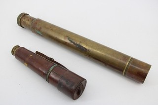 F x2 Antique Vintage Brass Telescopes including dated 1917 & 1905. Leather cover
