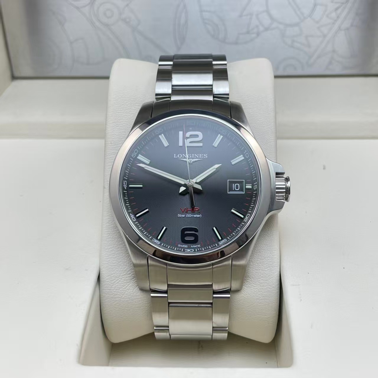 Longines Conquest L3.716.4 Men's Watch Quartz 41mm Date Grey Dial Perm. calendar