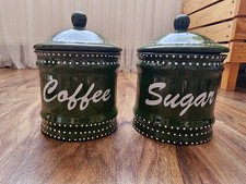 Royal Norfolk Green Coffee & Sugar Canister Set Embossed Polka Dots RetroKitchen