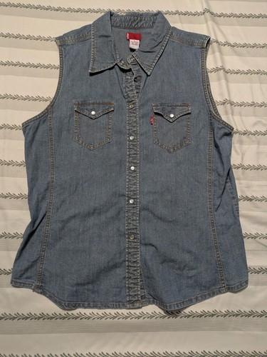 Levis Damen Hemd Blau Größe L Denim Perlen Druckknopf Ärmellos Sägezahn - Bild 1 von 8